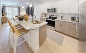 This well-appointed one-bedroom, one-bathroom residence in Fort Myers, Florida offers a thoughtfully designed open-concept layout with modern finishes throughout. Light wood-look flooring flows seamlessly across the entire living space, creating a warm and cohesive aesthetic.

The kitchen is a standout feature, showcasing a two-tone cabinet design with crisp white uppers and natural wood-toned lowers, granite countertops, a central island with bar seating and pendant lighting, and a full suite of stainless steel appliances. The kitchen connects effortlessly to the dining and living areas, which are bathed in natural light from large windows and a glass door leading to a private patio.

The living room is bright and airy, complemented by a ceiling fan and access to the outdoors. The bedroom offers a comfortable retreat with a ceiling fan, ample natural light from a large window, and generous closet space including a spacious walk-in closet with wire shelving. The bathroom features granite countertops, warm wood-toned cabinetry, and a large vanity mirror with overhead lighting. Additional conveniences include an in-unit laundry area and multiple closets for abundant storage throughout.