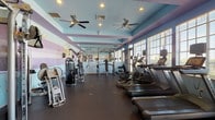 This fitness center offers a comprehensive workout environment designed to accommodate a wide range of exercise needs. The space is immediately distinguished by its eye-catching interior design, featuring horizontal stripes in soft shades of blue, lavender, and purple across the walls, creating a vibrant yet relaxed atmosphere. Durable rubber flooring covers the entire workout area, providing both safety and functionality throughout.

The cardio section is well-appointed with multiple treadmills, elliptical trainers, and a recumbent bike, all positioned along large windows that allow abundant natural light to fill the space and offer views of the surrounding outdoors. Ceiling fans are integrated into the coffered ceiling above, ensuring consistent airflow throughout workout sessions.

The strength training area features a solid selection of cable machines, multi-use weight stations, and a freestanding dumbbell rack, catering to both beginners and experienced fitness enthusiasts. Full-length mirrors along one wall enhance the sense of openness and allow users to monitor their form during exercises. A wall-mounted television provides added entertainment during workouts. Two exterior access doors contribute to convenient entry and natural ventilation, rounding out this practical and thoughtfully designed fitness facility.