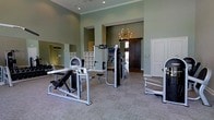 This single-floor fitness center combines functionality with refined aesthetics, creating an inviting environment for exercise and wellness. The space is characterized by soaring ceilings adorned with classic crown molding, which lend an airy, open feel that sets it apart from a typical gym setting. Walls painted in a soft sage green contribute to a calm, focused atmosphere throughout.

The workout area is equipped with a thoughtful selection of professional-grade strength training machines, including a cable machine, leg press, and additional multi-function units, all arranged to allow comfortable circulation and use. A large wall mirror expands the sense of space while providing visual feedback during workouts. Built-in shelving offers convenient storage for accessories and equipment.

A standout feature is the rustic dark wood barn door, which serves as a dramatic focal point and adds a warm, stylish contrast to the otherwise clean, contemporary interior. A Sputnik-style chandelier overhead introduces an element of modern elegance, reinforcing that this space was designed with both form and function in mind. Recessed lighting ensures the area is well-lit throughout. Durable carpeted flooring provides comfort underfoot, making this fitness center a polished and practical amenity.