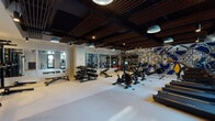 This contemporary fitness center is designed to deliver a premium workout experience through a thoughtful blend of style and functionality. The space is anchored by a striking bold geometric mural in deep blue, gold, and white tones that serves as a dramatic focal wall, adding an energetic and artistic character to the environment. The ceiling features a distinctive design with dark-painted exposed elements and warm wood slat accents, complemented by modern dome pendant lights and recessed spotlights that create an inviting, well-lit atmosphere. The open floor plan is finished with light-toned, durable flooring throughout, providing ample space for a wide range of workouts. Equipment is thoughtfully distributed across the floor and includes treadmills, air bikes, rowing machines, adjustable weight benches, a dumbbell rack, a functional trainer cable machine, a power rack, and a multi-functional wall-mounted storage and exercise system. Large mirrors line one wall, enhancing the sense of space and allowing users to monitor their form. Natural light filters in through windows, offering views to the outside. A dedicated area near the entrance includes built-in cubbies and access to private changing rooms, rounding out this comprehensive and well-appointed fitness facility.