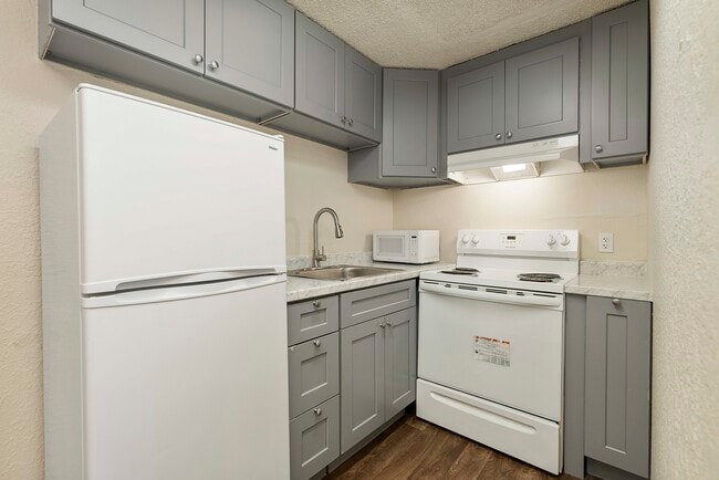 Kitchen with oven, stove, microwave & refrigerator - Badger Apartments