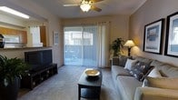 This single-floor space centers around a welcoming living room designed for comfort and functionality. The room is anchored by large sliding glass doors dressed with vertical blinds and sheer curtains, allowing an abundance of natural light to filter in while providing access to an outdoor area. A ceiling fan with an integrated light fixture is mounted overhead, contributing to both air circulation and ambient lighting throughout the space.

The living room features wall-to-wall carpeting in a neutral tone, creating a warm underfoot feel that complements the overall color palette of soft beiges and grays. A built-in or recessed nook along one wall adds architectural character and provides a dedicated area for a flat-screen television, paired with a low-profile media console offering additional storage. Opposite the media setup, a plush gray sofa with decorative accent pillows invites relaxation, positioned beside a tall indoor plant that introduces a natural element to the interior. A dark-finished coffee table serves as the room's focal centerpiece. Warm accent lighting from a table lamp adds depth and a cozy atmosphere, rounding out this well-appointed and practical living area.