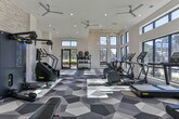 Located at 6000 Summit Pl in Alpharetta, GA, this contemporary fitness center is designed to deliver a premium workout experience. The single-floor space is defined by soaring ceilings that create an open, airy atmosphere, while floor-to-ceiling windows along multiple walls flood the interior with abundant natural light and offer views of the surrounding outdoor landscape.

The flooring features a bold geometric-patterned carpet in varying shades of gray, adding a modern, dynamic aesthetic to the space. A textured stacked-stone accent wall serves as a striking architectural focal point throughout the room, complemented by crisp white walls and recessed lighting.

The facility is fully equipped with a comprehensive selection of cardio machines, including treadmills, ellipticals, stationary bikes, and a stair climber. A dedicated strength training area offers a full dumbbell rack, adjustable benches, medicine balls, and a Kinesis cable machine. A wall-mounted flat-screen television and built-in shelving provide added convenience for users.

A large ceiling fan ensures comfortable airflow, while a modern sputnik chandelier adds a refined decorative touch. Floor-to-ceiling mirrors expand the sense of space and support proper form during workouts. The overall ambiance is clean, bright, and motivating — a well-appointed facility suited for a wide range of fitness activities.
