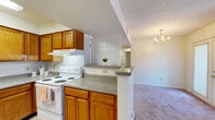 This well-appointed two-bedroom, two-bathroom residence in Birmingham, Alabama offers a practical and comfortable single-floor layout. The open-concept living area seamlessly connects the kitchen, dining, and living spaces, creating a sociable and airy feel. The kitchen features warm honey-toned wood cabinetry, granite-look countertops, a tile floor, a double sink, and a full suite of white appliances, including an electric range. A pass-through counter connects the kitchen to the dining and living areas, which are accented by a classic chandelier and plush carpeting throughout. Both bedrooms are generously proportioned, each equipped with a ceiling fan, natural light from large windows with outdoor views, and soft carpet underfoot. The spacious primary bedroom provides ample room for furnishings. The two bathrooms mirror each other in style, each featuring tile flooring, wood vanity cabinets, granite-look countertops, and a tub-shower combination. A dedicated in-unit laundry room houses a full-size washer and dryer alongside additional shelving. Three closets provide excellent storage throughout. The unit also includes a private balcony, a utility room, and a hallway connecting all spaces cohesively.