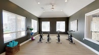 This single-floor fitness studio is purpose-built for cycling and functional training, offering a clean, modern environment designed to motivate and perform. The room is defined by its striking vaulted ceiling, which rises to a peak and is finished in crisp white, creating an airy sense of height and openness that contrasts elegantly with the deep charcoal-gray walls. Recessed lighting and a central ceiling fan ensure the space remains bright and comfortable during intense workouts.

Multiple windows fitted with white horizontal blinds line the walls, inviting generous natural light while providing control over glare. A wall-length mirror spans one end of the room, visually expanding the space and allowing users to monitor their form. A wall-mounted flat-screen television is positioned in front of the mirror, ideal for streaming guided fitness classes.

A row of professional-grade stationary cycling bikes is arranged across the striped, low-pile carpeted floor, providing ample space between each station. A freestanding medicine ball rack stocked with several weighted balls adds versatility for cross-training. French doors with frosted glass panels offer a stylish entry point, connecting the studio to adjacent facilities. Overall, the space strikes a balance between functionality and refined design.