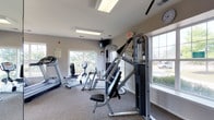 This single-story fitness facility offers a thoughtfully designed workout environment that balances functionality with a welcoming atmosphere. The space is accessed through a polished entryway finished with light tile flooring, crown molding, and a decorative pendant light. Glazed French doors with white trim frames lead into the main fitness area, providing an immediate visual connection between the entry and the workout space.

The fitness room is carpeted throughout and bathed in natural light from multiple large windows, offering outdoor views of surrounding greenery. Recessed fluorescent panel lighting supplements the natural light, ensuring a consistently bright environment. The neutral gray and taupe wall tones contribute to a clean, focused atmosphere.

Equipment is comprehensive and well-organized, including multiple Matrix and True brand treadmills, elliptical trainers, a stationary bike, a rowing machine, and a cable-based multi-function strength machine with adjustable stations. A dedicated free weights area features a dumbbell rack and an adjustable weight bench. A wall-mounted television is positioned for viewing during cardio workouts. Mirrors along one wall visually expand the space and support proper form during exercise. The overall design prioritizes usability, comfort, and access to natural light throughout.