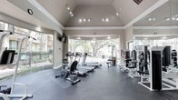 This fitness center offers a bright and functional environment designed to support a well-rounded workout routine. The space is defined by its striking vaulted ceiling, which lends an open, airy feel and is complemented by track lighting that ensures even illumination throughout. Large floor-to-ceiling windows along the back wall invite an abundance of natural light while offering views of lush, mature trees outside, creating a refreshing and motivating atmosphere. The flooring consists of durable, dark rubberized material well-suited for high-activity use. Cardio equipment, including treadmills, ellipticals, and a rowing machine, is arranged thoughtfully to make the most of the available floor space. A dedicated strength training area features a cable machine and additional resistance equipment, while full-length mirrors along one wall help users maintain proper form and visually expand the room. A wall-mounted television provides entertainment during workouts. A glass door offers easy access to the outdoor surroundings, further enhancing the connection to the natural environment. The overall design balances practicality with an inviting aesthetic, making this fitness center a comfortable and well-appointed space for daily exercise.