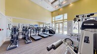 Located in Saint Petersburg, FL, this fitness center is a comprehensive exercise facility designed to support a wide range of workout routines. The room is defined by its striking soaring ceilings, accented by a coffered tray detail housing a large ceiling fan, which enhances air circulation and adds an architectural focal point overhead. Warm yellow walls paired with crisp white wainscoting create a bright, energizing atmosphere throughout the space.

Natural light pours in through an expansive bank of tall windows and glass-paneled double doors along the rear wall, offering views of an outdoor pool area and lush surroundings — a refreshing visual backdrop during workouts. Full-length mirrors line one wall, amplifying the sense of openness and allowing users to monitor their form.

The cardio zone features multiple treadmills, elliptical trainers, and a stair climber, all arranged to take advantage of the natural light and outdoor views. The strength training area is equally well-appointed, with a multi-functional cable machine, a flat utility bench, a rack of dumbbells spanning a range of weights, and a rowing machine. A wall-mounted flat-screen television adds entertainment to the space. Durable carpet flooring covers the entire room, providing comfort and traction underfoot. This fitness center offers a well-rounded and inviting environment for residents to maintain an active lifestyle.