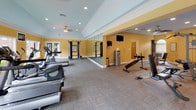 This fitness center is thoughtfully designed to support a comprehensive workout experience within a single-level layout divided into two distinct functional zones. The cardio area is highlighted by vaulted ceilings with crown molding, warm yellow walls, and large windows that frame outdoor greenery, flooding the space with natural light. Ceiling fans, recessed lighting, and wall-mounted televisions enhance comfort during workouts. Treadmills, elliptical trainers, a stationary bike, and a rowing machine are arranged to maximize space and usability.

The strength training zone features a full wall of mirrors that visually expands the room while allowing users to monitor their form. A multi-station cable machine serves as the centerpiece, complemented by adjustable benches, free weights, and additional resistance equipment. Carpeted flooring throughout provides cushioning underfoot, while a water station offers convenient hydration access.

Potted tropical plants add a touch of warmth and vitality to the environment. The overall ambiance is bright, clean, and inviting, combining functional equipment placement with a design aesthetic that encourages regular use and promotes an active lifestyle.