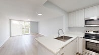 Located in North Miami Beach, this thoughtfully designed one-bedroom, one-bathroom residence offers a clean, contemporary aesthetic throughout. Light-toned luxury vinyl plank flooring flows seamlessly across the entire unit, complementing the soft gray-white walls and creating a bright, airy atmosphere.

The open-concept kitchen and living area serves as the heart of the home. The kitchen is outfitted with sleek, floor-to-ceiling white cabinetry, quartz countertops, a stainless steel undermount sink, and a full suite of stainless steel appliances including a refrigerator, range, and over-the-range microwave. A peninsula with additional counter space connects the kitchen to the living area, making it ideal for both cooking and entertaining. The living room opens directly to a private balcony through sliding glass doors, offering verdant outdoor views of palm-lined surroundings.

The spacious primary bedroom features soft neutral walls, generous natural light, and access to a dedicated closet with built-in shelving. The full bathroom is finished with a quartz-topped vanity, large wall mirror, and a tub-shower combination with clean white tile surround. Every detail of this residence reflects a modern, move-in-ready finish in a prime South Florida location.