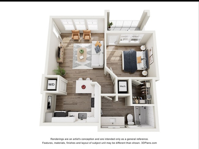 The Danube, 1/1, 773 SF | Chic 3D floor plan featuring a modern one-bedroom apartment with an open living area, stylish kitchen with island, cozy bedroom, and a private balcony. - Integra Avalon