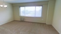 This single-floor space offers a clean, functional layout with a calm and understated aesthetic. The living area is finished with wall-to-wall beige carpeting that provides a soft, comfortable underfoot feel and contributes to the room's warm, neutral palette. Cream-toned walls keep the interior feeling open and airy, while a large picture window fitted with horizontal blinds serves as the focal point of the main room. The window allows generous natural light to fill the space and frames a pleasant view of surrounding greenery, creating a refreshing connection to the outdoors. A wall-mounted PTAC unit beneath the window provides both heating and cooling, ensuring year-round climate comfort. The overall ambiance is simple and versatile, offering a blank canvas well-suited for a variety of furnishing styles. The straightforward single-level layout makes for easy navigation throughout, and the neutral finishes throughout allow for flexible personalization. This space combines practicality with a bright, open feel, making it a comfortable and livable environment.