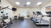 This fitness center is a compact, single-floor space designed to support a well-rounded workout routine. The room features durable rubber flooring throughout, providing a safe and functional surface for exercise. A drop ceiling with recessed panel lighting ensures consistent, even illumination across the space, while multiple windows along the walls allow natural light to filter in, offering views of the surrounding greenery.

The cardio section is equipped with multiple Life Fitness treadmills, an elliptical trainer, a stationary recumbent bike, and a rowing machine, providing a variety of options for cardiovascular exercise. A multi-station cable strength machine anchors the strength training area, complemented by a dumbbell rack for free weight exercises. A large wall-mounted mirror enhances the sense of space and allows users to monitor their form during workouts.

A wall-mounted flat-screen television adds a convenient entertainment option for cardio sessions. A split-unit air conditioning system mounted on the wall ensures comfortable temperature control throughout the room. Informational fitness posters are displayed on the walls, and a sanitation station is available near the entrance, promoting cleanliness and hygiene for all users.