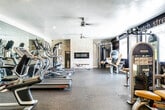 This fitness center is a thoughtfully designed exercise facility offering a comprehensive range of workout equipment and amenities across a single floor. The space is divided into distinct functional zones, each tailored to a specific type of training.

The cardio area features multiple treadmills, elliptical machines, and a stationary bike, all arranged on durable rubber flooring. A large wall mirror amplifies the sense of space in this zone, while a ceiling fan overhead provides air circulation during intense workouts. Recessed lighting and a textured ceiling complete the practical aesthetic.

The strength training area is anchored by a striking stacked-stone accent wall housing a sleek linear fireplace, creating an unexpectedly warm and inviting atmosphere. A cable machine, multi-function weight station, and adjustable bench provide versatile resistance training options. An additional cable and pulley system is positioned nearby for further variety.

Bold motivational typography covers the dark-painted accent walls throughout, featuring words such as "strength," "commitment," "dedication," and "challenge," reinforcing an energizing atmosphere. Natural light enters through glass-panel doors and windows, connecting the space to the outdoors.

A transition area with light wood-look flooring leads to clearly marked, separate men's and women's restroom facilities, adding convenience to the overall design.