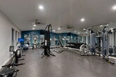This fitness center offers a comprehensive workout environment within a single, open-plan floor. The space is defined by bold teal accent walls contrasted against neutral white and gray tones, creating an energetic yet focused atmosphere. Durable rubber flooring spans the entire area, providing a practical surface suited for a wide range of exercises.

The cardio zone is well-stocked with multiple treadmills and elliptical machines, each equipped with individual monitors for entertainment or workout tracking. Complementing the cardio section, the strength training area includes a multi-station cable machine, Cybex equipment, a fully stocked dumbbell rack with a tiered weight selection, and additional resistance machines along the walls. A dedicated spin bike and rowing machine round out the equipment offerings.

Full-length mirrors line one wall, visually expanding the space while allowing users to monitor their form. Recessed lighting and ceiling fans maintain a bright, well-ventilated environment throughout. Large windows along one side of the room invite natural light and offer views of the surrounding greenery, adding a refreshing outdoor connection to the workout experience. A small built-in counter area near the entry provides a convenient station for check-ins or personal belongings. Fitness center rules are posted near the entrance, reinforcing the professional and organized character of the facility.