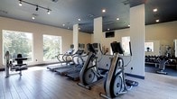 This single-floor fitness center offers a clean, modern environment designed to support an effective workout routine. The space features hardwood-style flooring throughout, providing a polished and durable surface underfoot. The ceiling is finished in a deep charcoal gray tone, creating a distinct contrast against the light-colored walls and lending the room a contemporary aesthetic. Recessed lighting and track lighting ensure the space is well-illuminated, complementing the natural light that flows in through multiple windows overlooking lush greenery outside.

The cardio equipment area is a highlight of the fitness center, housing a row of treadmills and elliptical machines, each equipped with individual digital display screens for tracking workout metrics. Structural columns are integrated into the layout, adding architectural definition without interrupting the open feel of the space. A wall-mounted television provides entertainment options during workouts. The combination of ample natural light, modern equipment, and thoughtful design makes this fitness center a functional and inviting space for daily exercise.