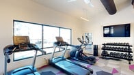 This modern fitness center offers a thoughtfully designed workout space that balances functionality with contemporary aesthetics. The room features soaring ceilings that create an open, airy atmosphere, complemented by sleek linear pendant lighting and a ceiling fan that ensures comfortable airflow during workouts. The flooring makes a bold visual statement with its geometric patterned carpet tiles in shades of gray, purple, and white, adding energy and personality to the space.

Large windows line the walls, flooding the interior with abundant natural light and offering views of the surrounding community and outdoor amenities, including a tennis or sports court visible from the cardio area. This connection to the outdoors enhances the workout experience and keeps the space feeling fresh and inviting.

The fitness center is well-appointed with a comprehensive selection of equipment. Multiple Spirit-brand treadmills and an elliptical trainer are arranged along the windowed wall for an inspiring cardio workout. Strength training needs are met with a cable resistance machine, a dumbbell rack stocked with a full range of weights, and an adjustable workout bench. A wall-mounted flat-screen television adds entertainment options. A vibrant abstract mural serves as a striking focal point, contributing an artistic touch to the overall design. Access is provided through glass-panel doors connecting to outdoor areas.