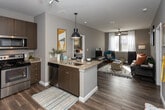 Located at 303 W Blount Ave in Knoxville, Tennessee, this well-appointed single-floor residence offers a thoughtfully designed layout with modern finishes throughout. The open-concept kitchen flows seamlessly into the living area, creating an inviting, connected space ideal for everyday living. The kitchen is outfitted with rich dark wood cabinetry, granite countertops, stainless steel appliances including a refrigerator, range, and built-in microwave, and a peninsula with a sink that overlooks the main living area. Wood-look flooring extends throughout the common areas, adding warmth and cohesion. The living room features a ceiling fan, large windows that welcome natural light, and ample room for comfortable seating. Multiple bedrooms are present, each with ceiling fans, natural light from well-sized windows, and neutral gray walls. The primary bedroom includes a spacious walk-in closet with wire shelving. Two bathrooms serve the residence, each featuring dark wood vanities, white countertops, large mirrors, and tile flooring. A dedicated walk-in closet provides generous storage. The overall aesthetic is contemporary and neutral, with a clean, functional design suited for comfortable daily living in the South Knoxville area.