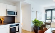 This sleek 480 square foot apartment in Washington, DC maximizes space with a thoughtful layout. The open-concept living area features large windows that flood the space with natural light and offer stunning city views. The living room boasts hardwood floors, a plush area rug, and contemporary furnishings including a comfortable sofa and unique coffee table.

The modern kitchen is equipped with white cabinetry, contrasting dark countertops, and stainless steel appliances. Under-cabinet lighting and open shelving add both functionality and style. The bedroom, measuring 100 square feet, includes two tall windows and is decorated in warm, inviting tones with a large bed as the centerpiece.

The bathroom showcases a striking design with contrasting dark and light tiles, a glass-enclosed shower, and a floating vanity. Throughout the apartment, carefully chosen artwork and decor elements, including plants, add personality and warmth to the space. Despite its compact size, this apartment offers a harmonious blend of style, comfort, and urban living.
