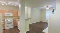 Located at 1420 McDermott Dr. in Allen, Texas, this single-floor apartment at Settler's Gate offers a thoughtfully designed open-concept layout that seamlessly connects the kitchen and living areas. The kitchen is appointed with light maple cabinetry, a double-basin sink, white appliances, and a breakfast bar that serves as a natural divider between the cooking and living spaces. A structural column adds architectural character while maintaining the open flow of the floor plan. Crown molding runs throughout the space, lending a refined, polished aesthetic to the neutral, warm-toned walls. The living area features rich, dark hardwood-style flooring that contrasts beautifully with the light walls and bright white baseboards, creating a welcoming and visually grounded atmosphere. A ceiling fan provides comfort and airflow, while a window along the far wall invites natural light into the room. The interior palette is kept clean and neutral, making the space versatile and move-in ready. Track lighting in the kitchen ensures well-lit meal preparation, while the overall design emphasizes functionality and ease of living. This apartment at Settler's Gate combines classic architectural details with practical, everyday comfort in a well-maintained Allen, Texas community.