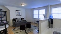 This single-floor space offers a thoughtfully arranged open layout that maximizes functionality and comfort. The living area serves as the heart of the home, featuring warm hardwood flooring that anchors the space and adds a sense of warmth throughout. A large window fitted with blinds allows abundant natural light to fill the room, creating a bright and welcoming atmosphere. The living room comfortably accommodates a plush gray sofa accented with patterned throw pillows, complemented by a stylish area rug with a bold circular design. A pair of dark ottomans provide flexible additional seating and add a modern touch to the arrangement. A framed piece of wall art adds a decorative focal point to the space. Seamlessly integrated into the living area is a raised breakfast bar with bar stool seating, offering a convenient casual dining or workspace option. The white walls and flush ceiling light fixture keep the overall aesthetic clean and neutral, providing a versatile backdrop for a variety of interior styles. A classic white-painted entry door is centrally positioned, and a radiator beneath the window speaks to the building's character. The overall ambiance is cozy, practical, and move-in ready.