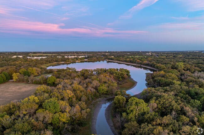An aerial view of Lake Weatherford at sunset.