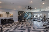 Located at 21447 FM-529 in Katy, TX, this single-level fitness center is designed to deliver a premium workout experience. The space immediately captures attention with a dramatic feature wall adorned with a large-scale geometric mural in deep navy and teal, accented by LED light strips that create a striking visual focal point. The flooring throughout features a bold multi-tone herringbone pattern, blending light and dark gray tones to add texture and visual depth to the open layout.

The cardio zone is well-equipped with a row of treadmills, elliptical machines, and stationary bikes, all positioned alongside windows that provide views of the outdoor pool area and allow generous natural light to fill the space. Overhead, multiple large ceiling fans with dark finishes circulate air throughout the room, complementing the recessed lighting above.

The strength training area offers a comprehensive selection of equipment, including cable machines, weight benches, multi-function press machines, and a full rack of dumbbells. Floor-to-ceiling mirrors line sections of the walls, visually expanding the space and allowing users to monitor their form. The overall ambiance is energetic yet clean and modern, with a light gray color palette on the walls that keeps the environment bright and focused.