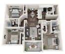 This 1,010-square-foot single-story home in Pinellas Park, FL offers 4 bedrooms and 2 bathrooms across a well-organized floor plan. Wood-look laminate flooring runs consistently throughout, lending a clean, cohesive aesthetic to every room. The open-concept kitchen and living area serves as the heart of the home, featuring a peninsula with dark granite-style countertops, white cabinetry, and stainless steel appliances including a range, microwave, and refrigerator. A dedicated pantry with built-in shelving adds practical storage. The living area opens to an outdoor balcony via sliding glass doors, filling the space with natural light beneath a vaulted ceiling with a ceiling fan. The primary bedroom measures 170 square feet and offers ample space, while the three additional bedrooms each include ceiling fans and window blinds providing natural light and privacy. Both bathrooms are consistently finished with dark countertops, white under-mount sinks, full tub-shower combinations, and large mirrors. A connecting hallway ties all rooms together efficiently. The home's neutral warm-gray palette throughout creates a calm, move-in-ready environment suitable for a variety of living arrangements.