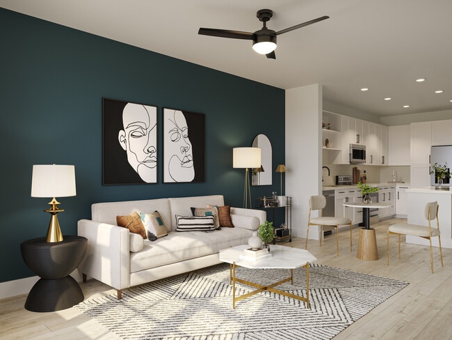 Sala de estar con suelo estilo madera - Evelyn City Lofts