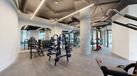 This expansive fitness center offers a well-appointed, single-floor exercise space designed to accommodate a comprehensive range of workout styles. The layout is open and generously proportioned, allowing ample room to move between equipment zones without feeling cramped.

The strength training area is a standout feature, housing an extensive free weight collection including multiple barbell racks, dumbbell sets, weight plates, and a variety of resistance machines suited for both isolation and compound movements. Textured mosaic structural columns anchor the main floor zone, adding an industrial-chic aesthetic element to the space.

The cardio section is positioned along a full-height window wall that floods the area with natural light and offers views of the surrounding urban streetscape. Treadmills and stationary cycling bikes line this bright perimeter, creating an energizing environment for endurance training.

The ceiling features an exposed industrial design with dark ductwork, structural beams, and sleek linear LED lighting that runs throughout the space, providing consistent, well-distributed illumination. Durable rubber flooring covers the entire facility, ensuring safety and functionality underfoot.

Additional zones are sectioned off using floor-to-ceiling glass-framed partitions with black steel frames, offering visual separation while maintaining an open, airy feel. The overall ambiance is modern, clean, and professionally outfitted, making it a fully functional fitness destination.