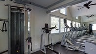 This single-floor fitness room is designed to accommodate a range of workout needs within a efficiently organized space. The room features a cable strength machine positioned near a mirrored wall, which visually expands the area and allows users to monitor their form during exercise. A captain's chair/dip station provides options for core and upper-body training, while multiple elliptical machines line the opposite side, ideal for low-impact cardiovascular workouts. The flooring consists of durable rubber matting, well-suited for a high-traffic exercise environment. Natural light filters in through several windows fitted with horizontal blinds, including a higher transom-style window that draws in additional light from above, contributing to an open and airy atmosphere. The neutral gray walls and crown moulding add a clean, polished finish to the space. Overall, the room strikes a balance between functional gym equipment and a comfortable, well-lit environment suitable for a variety of fitness routines.