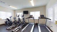 This single-floor fitness center on Farmshed Road in Palmyra, Pennsylvania offers a clean, functional workout space designed for cardiovascular training. The room is bright and welcoming, with multiple windows fitted with white blinds that allow generous natural light to fill the space while maintaining privacy. The walls are finished in a neutral cream tone, contributing to a calm and focused atmosphere.

The facility is equipped with multiple treadmills and elliptical cross-trainers, providing a well-rounded selection of cardio equipment suitable for a range of fitness levels and workout preferences. A wall-mounted flat-screen television is positioned at a comfortable viewing height, allowing users to stay entertained or informed during their workouts. Overhead fluorescent lighting ensures the space remains well-lit regardless of the time of day.

The dark rubberized flooring is practical and durable, providing a safe and stable surface for exercise. The layout is thoughtfully organized, allowing ample space between machines for comfortable use. Overall, this fitness center delivers a straightforward, no-frills environment that prioritizes functionality and accessibility, making it a convenient and practical resource for residents or guests in the Palmyra, PA area.