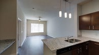 This single-story Dallas property showcases a thoughtfully designed open-concept layout that seamlessly connects the kitchen and living areas. The kitchen is appointed with striking granite countertops featuring subtle veining, a stainless steel double-basin sink, and a built-in dishwasher. Three cylindrical pendant lights hang from a track above the kitchen peninsula, casting warm, focused illumination over the workspace and providing a modern design accent.

The open living area extends naturally from the kitchen, finished with rich hardwood-style flooring that adds warmth and visual continuity throughout. A ceiling fan with an integrated light fixture is centrally positioned overhead, promoting air circulation and comfort. A large window dressed with vertical blinds dominates the far wall, allowing generous natural light to fill the space and creating a bright, airy atmosphere.

The neutral gray and white color palette applied throughout the walls and trim contributes to a clean, contemporary aesthetic. The overall design balances functionality with modern style, making the space feel open, well-lit, and inviting.