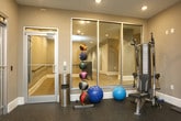 Located at 145 Granby Street in Norfolk, Virginia, this fitness center offers a well-appointed, single-floor exercise facility designed to support a comprehensive workout routine. The space is finished with durable speckled rubber flooring throughout, providing both safety and functionality for a wide range of activities.

Cardio equipment is a focal point of the room, with treadmills and an elliptical trainer — each equipped with individual display monitors — positioned to make the most of the available floor space. A stationary recumbent bike adds an additional low-impact cardio option. For strength and functional training, the facility includes a multi-station cable machine, a medicine ball rack stocked with a variety of weighted balls, stability and exercise balls, and additional free weight accessories.

The room is illuminated by recessed ceiling lighting, creating a bright and consistent environment. Neutral gray walls contribute to a clean, modern aesthetic. Large glass panel windows on one wall provide a view into an adjacent hallway, adding a sense of openness to the space. Adjustable window blinds allow for light control as needed.

Access to the fitness center is provided through a glass-paneled door, and a wall-mounted fan offers supplemental air circulation. The overall design is practical and functional, delivering a well-equipped fitness experience in a compact, thoughtfully organized setting.