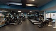 This fitness center is a fully equipped, single-floor facility designed to accommodate a wide range of workout needs. The space is characterized by its distinctive blue and dark color scheme, with blue-accented walls and columns contrasting against a dark ceiling fitted with recessed panel lighting that keeps the environment well-illuminated throughout.

The cardio zone features a generous row of treadmills and elliptical trainers arranged in parallel lines, providing ample space between machines for comfortable use. Large mirrors line the walls, visually expanding the space and allowing users to monitor their form during workouts.

The strength training area is equally well-appointed, housing multiple squat racks, power cages, and an extensive selection of free weights including barbells and weight plates. Adjustable benches are positioned throughout this section to support a variety of exercises. Additional cable machines and selectorized strength equipment round out the offerings, catering to both beginners and experienced athletes.

The flooring throughout consists of durable rubber matting, providing traction and impact absorption. One section of the facility benefits from large windows that allow natural light to fill the space, offering an open and airy atmosphere. The entrance features glass double doors, and the overall layout flows logically from cardio to strength training zones, making navigation intuitive and efficient.
