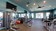 The fitness center at Emerald Twenty Four is a thoughtfully designed workout space that provides residents with a comprehensive exercise environment. The room is finished with teal-painted walls and a matching ceiling, creating a vibrant and energizing atmosphere. Recessed lighting and a large ceiling fan ensure the space remains well-lit and comfortable during workouts.

Large windows line the walls, inviting ample natural light and offering views of the surrounding exterior, contributing to an open and airy feel. A full-length mirror spans one wall, reflecting light throughout the room and providing visual feedback for exercise form.

The gym is outfitted with a robust selection of equipment, including a dumbbell rack with a wide range of free weights, adjustable workout benches, stability balls, and multiple selectorized strength machines positioned throughout the space. The flooring consists of durable rubber matting, providing traction and cushioning suited for both strength training and dynamic exercises.

Wall-mounted flat-screen televisions are positioned for easy viewing during workouts. The layout is open and well-organized, allowing for comfortable movement between stations. Overall, the fitness center at Emerald Twenty Four delivers a fully functional and welcoming environment for a wide variety of exercise routines.