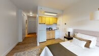 Located at 1713 Bellevue Ave in Richmond, Virginia, this thoughtfully designed studio unit offers a comfortable and efficient single-floor layout with a clean, modern aesthetic. Warm hardwood flooring runs throughout the entire space, tying together each functional area seamlessly.

The main living area serves as the heart of the unit, combining sleeping, dining, and relaxing spaces in one open room. Large windows flood the space with natural light and frame lush, tree-lined views, creating an airy and inviting atmosphere. The room accommodates a full bed, a cozy seating area with an accent chair, and a compact dining table with chairs — all arranged to maximize comfort and usability.

A built-in kitchenette is neatly integrated into one wall, featuring warm-toned wood cabinetry, a gas range, refrigerator, and sink — providing all the essentials for everyday cooking within a compact footprint.

The bathroom is clean and well-appointed, with a rich wood vanity topped with a white basin sink, a framed mirror with overhead lighting, and a full tub with shower. Light hardwood flooring and neutral white walls carry the cohesive design aesthetic into this space as well.

Overall, the unit offers a bright, well-organized living environment with stylish, understated finishes suited for comfortable day-to-day living in the Bellevue neighborhood of Richmond.