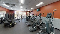 This single-level fitness center is designed to accommodate a wide range of workout needs within a generously proportioned open floor plan. The interior is defined by bold terracotta-orange accent walls paired with a neutral gray tile base, creating an energetic yet functional atmosphere. A drop ceiling with recessed fluorescent panel lighting ensures the space is evenly and brightly illuminated throughout.

The cardio zone is well-stocked with multiple treadmills, elliptical trainers, a stair climber, and stationary bikes arranged in an accessible row, with wall-mounted flat-screen televisions positioned for easy viewing during workouts. Adjacent to this area, a dedicated strength training section houses a comprehensive collection of selectorized machines targeting various muscle groups.

The free weights area includes a full rack of dumbbells in ascending weights alongside adjustable benches, cable machines, and a multi-function cable tower. Functional training elements, including a large tire and suspension training equipment, add versatility to the space.

Large glass partition walls and windows on one side allow natural light to filter in, offering views of an adjacent lounge area. Durable rubber flooring covers the entire workout area, providing safety and stability. The overall layout promotes efficient traffic flow and a focused training environment.