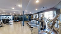 Located at 2900 East 16th Avenue in Denver's vibrant Congress Park neighborhood, this fitness center offers a well-appointed and functional space designed to support a comprehensive workout experience. The interior is finished with a clean, modern aesthetic, featuring bold navy blue accent walls, light hardwood-style flooring, and a bright white ceiling lined with recessed lighting that ensures excellent visibility throughout. A row of treadmills and elliptical machines is positioned along large windows, allowing natural light to fill the space and providing views to the exterior. Opposite the cardio equipment, a dedicated strength training area features a multi-station cable and weight rack system stocked with free weights, medicine balls, and resistance tools — catering to a wide variety of training styles. The open floor plan allows for ease of movement between equipment zones, while a column accent in a coordinating blue tone reinforces the cohesive design language. A wall-mounted display and framed artwork contribute to an inviting atmosphere. The space is thoughtfully organized to balance cardio capacity with functional training options, making it a versatile facility for residents or members seeking a convenient and fully equipped fitness environment.