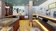 This single-floor amenity lounge is thoughtfully designed to offer a variety of social and recreational spaces within one cohesive environment. The layout is anchored by warm, wood-look herringbone-patterned flooring that flows throughout, complemented by deep teal-painted ceilings that add a bold, upscale contrast to the rich dark wood wall panels and structural columns.

The lounge area features a fireplace set into a dark tile surround, flanked by black leather armchairs with colorful accent pillows, centered around a rustic wood stump coffee table. A wall-mounted television above the fireplace enhances the entertainment-focused atmosphere. Adjacent to this seating area is a billiards zone, where a full-size pool table is positioned beneath warm ambient lighting.

The wet bar area is equipped with stainless steel appliances including a built-in oven and undercounter refrigerator, rich dark cabinetry, stone countertops, and a round mirror framed by hanging plants, adding a natural, organic touch. A built-in banquette with LED underlighting provides an intimate nook for casual gatherings. Large glass doors open directly to an outdoor pool area, filling the space with natural light and offering seamless indoor-outdoor connectivity.