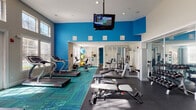 This fitness center is thoughtfully designed to support a full range of workout routines. The space is divided into distinct functional zones, beginning with a dedicated cardio area featuring multiple treadmills, an elliptical trainer, and a recumbent bike, all positioned on vibrant teal-toned carpet tiles that add a dynamic visual element to the room. Soaring ceilings with clerestory windows along the upper walls allow abundant natural light to fill the space, creating an open and energizing atmosphere. A ceiling-mounted flat-screen TV is positioned for easy viewing during cardio sessions. Bold cobalt blue accent walls provide a striking contrast to the otherwise neutral palette of warm white and gray tones throughout.

The strength training area features a multi-station cable machine, a weight bench, and a rack of dumbbells, all set on dark rubberized flooring that defines the zone. Floor-to-ceiling mirrors line the walls, visually expanding the space while allowing users to monitor their form. Exercise balls and additional accessories are neatly organized along one wall, rounding out the facility's offerings. Large windows and a glass-paneled door invite outdoor views and further enhance the sense of openness. The overall design is clean, modern, and functional.