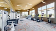 Located at 4550 Kitteridge St in Denver, CO, this well-appointed fitness center offers a generously sized, single-floor exercise space designed to support a wide range of workout routines. The facility features soaring ceilings with suspended linear lighting and ceiling fans, creating an open, airy atmosphere throughout. Warm earth-toned walls are complemented by a patterned carpet in neutral gray with orange accents, lending the space a modern, energetic aesthetic.

Large multi-pane windows line the perimeter walls, flooding the interior with natural light and offering views of the surrounding landscape. The cardio zone features a full row of treadmills, elliptical trainers, and stationary bikes, many equipped with individual display screens. The strength training area is anchored by a Life Fitness Synrgy360 functional training system, supplemented by cable machines, multi-use weight racks, barbells, dumbbells, and adjustable benches. A dedicated free motion and flexibility zone includes stability balls, medicine balls, resistance bands, and kettlebells. Large wall mirrors extend the visual space in the strength area. The facility is well-lit, thoughtfully organized, and equipped to accommodate both cardiovascular and strength-based training needs.
