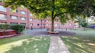 Located in Arlington, Virginia, this outdoor dog park is nestled within a courtyard formed by surrounding multi-story brick residential buildings, providing a sheltered and semi-private environment. The park is thoughtfully divided into distinct zones, combining a gravel-surfaced off-leash run with bordered artificial turf areas, offering varied terrain for dogs of different sizes and activity levels.

A mature shade tree anchors the central gravel area, providing natural canopy cover and a circular wraparound bench for pet owners to relax. Agility equipment is distributed throughout the space, including hoop jumps and low bar obstacles, encouraging interactive play. Decorative natural boulders and a small wooden step platform add further enrichment features to the environment.

The park is fully enclosed by a sturdy black iron perimeter fence with a gated entry, ensuring secure containment. A waste station with a green receptacle is conveniently positioned within the space. Concrete pathways wind through the park, connecting the turf and gravel sections for easy navigation. Classic lamp posts add a functional and aesthetic touch. The open sky above and surrounding greenery contribute to a bright, welcoming atmosphere suitable for daily use.