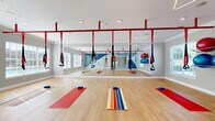 Located at 1014 Enclave Dr in Fayetteville, NC, this single-floor fitness and yoga studio offers a well-appointed space designed for a variety of workout activities. The main exercise area features smooth hardwood flooring that reflects natural light streaming in through multiple large windows dressed with white blinds, creating a bright and energizing atmosphere with views of the surrounding community.

The studio is equipped with a ceiling-mounted red TRX suspension training rig, allowing for versatile bodyweight exercises. A wall-mounted rack holds an assortment of stability balls, while yoga mats and foam rollers are available on the floor, supporting both group and individual sessions. A full-wall mirror along one side of the room visually expands the space and allows users to monitor their form during workouts.

The interior design features a bold geometric accent wall in shades of blue and gray, adding a dynamic visual element to the space. Crown molding and clean white baseboards lend a polished finish throughout. Recessed ceiling lights and a modern triangular pendant fixture provide ample illumination for evening use. A secondary, smaller room off the main studio — with its own hardwood flooring and neutral walls — offers additional flexible space for storage or private sessions. A fire safety system is installed throughout.