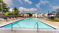 Located at 7326 Wallace Rd in Charlotte, NC, this outdoor amenity space centers around a generously sized swimming pool designed for both relaxation and recreation. The pool features clean, crystal-clear water with easy-access stainless steel entry rails and is framed by a broad concrete sundeck that accommodates an extensive arrangement of white lounge chairs and navy blue market umbrellas, providing ample space for sunbathing and outdoor leisure.

The pool area is enclosed by a combination of wooden privacy fencing and black metal railings, creating a secure and intimate setting. Mature trees surrounding the perimeter contribute natural shade and a lush, green backdrop visible against open skies. A clubhouse structure with a distinctive stone exterior, pitched roofline with exposed timber detailing, and large windows borders one side of the pool, offering an architectural focal point that adds warmth and character to the space.

Multi-story residential buildings are visible in the background, establishing the pool as a central communal feature of the broader community. The overall ambiance is bright and welcoming, with an open-air design that maximizes natural light and outdoor views. The well-maintained landscaping, thoughtful layout, and quality furnishings collectively create a polished, resort-inspired environment well-suited for community gatherings and everyday outdoor enjoyment.