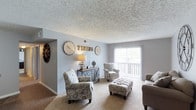 This single-floor space offers a comfortable and well-appointed living area that serves as its central feature. The living room is finished with plush wall-to-wall carpeting underfoot, creating a warm and inviting atmosphere. A textured popcorn ceiling adds a classic touch overhead, while soft gray walls provide a neutral, versatile backdrop throughout the space.

Natural light pours in generously through a large sliding glass door, which opens directly onto a private balcony, offering views of the surrounding greenery outside. Vertical blinds on the sliding door allow for easy light control and privacy.

The living area is thoughtfully designed with ample room for seating and décor arrangements. A decorative wall display, complete with accent clocks and wall art, adds personality and visual interest to the main wall. The transition from carpeted living space to hard-surface flooring is visible near the entryway, hinting at a defined layout separating the living area from adjacent spaces.

Overall, this space balances practicality with a cozy residential charm, making it a functional and welcoming environment suited to everyday living.