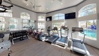This single-level fitness center is thoughtfully designed to support a comprehensive workout experience. The space is defined by its soaring ceilings with crown molding detail, a ceiling fan for air circulation, and an abundance of natural light streaming through multiple large, arched windows. These windows frame views of a lush outdoor pool area, creating an open and energizing atmosphere throughout the room.

The flooring is a durable wood-tone surface that runs the length of the facility, complementing the clean, neutral gray walls. One wall serves as a dramatic focal point, featuring a bold, large-scale mural depicting interlocking mechanical gears in deep navy and white tones, adding a dynamic and industrial-inspired artistic element to the space.

The cardio zone is well-stocked with treadmills, elliptical machines, a recumbent bike, and spin bikes, all positioned to take advantage of the outdoor views and wall-mounted flat-screen televisions. The strength training area includes a multi-functional cable machine, an adjustable weight bench, and a full rack of dumbbells arranged in front of floor-to-ceiling mirrors, allowing for proper form monitoring during workouts. The combination of ample equipment, natural light, and vibrant design details makes this fitness center a motivating and functional environment.