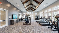 Located at 19025 Stuebner Airline Road in Spring, Texas, this fitness center is a single-floor facility offering a generous and thoughtfully designed workout space. The room's most striking architectural feature is its dramatic vaulted ceiling clad in warm wood planking, accented by exposed beam detailing and linear LED lighting. A large-blade ceiling fan anchors the peak of the vault, enhancing airflow throughout the space.

The flooring consists of patterned, multi-toned carpet tiles that provide comfort and durability underfoot. Walls are finished with gray shiplap paneling on accent sections, complemented by neutral painted drywall, creating a modern yet inviting aesthetic. Abundant natural light fills the space through large, multi-pane windows along multiple walls, offering views of the surrounding outdoor grounds and community.

The fitness floor is comprehensively equipped with a row of treadmills and elliptical machines positioned near the windows, a multi-station cable and strength machine, a Matrix power rack with a flat bench and weightlifting platform, a full dumbbell rack with mirrors, and various functional training accessories. A wall-mounted flat-screen television and built-in storage cabinetry with countertop space serve as a dedicated media and resource station, rounding out this well-appointed facility.
