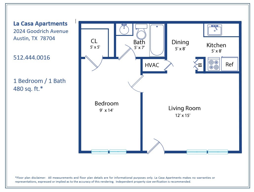 1 Bedroom Floorplan - La Casa Apartments