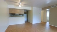 This single-floor space features an open-concept design that seamlessly connects the living area and kitchen. The living space is finished with warm hardwood-style flooring that extends throughout, lending a cohesive and clean aesthetic to the interior. A ceiling fan with an integrated light fixture is centrally mounted, providing both air circulation and ambient lighting.

The kitchen is positioned along one side of the open layout, separated from the living area by a partial wall that functions as a breakfast bar or counter-height divider. Light wood cabinetry lines the upper and lower sections of the kitchen walls, offering ample storage. A white refrigerator anchors one end of the kitchen, and dark countertops contrast with the lighter cabinetry. The kitchen backsplash features a muted tile design that adds a subtle textural element.

The neutral white walls throughout the space provide a versatile backdrop. A hallway visible in the background suggests access to additional rooms beyond the main living and kitchen area. The layout is practical and straightforward, making efficient use of the available space on the single floor.